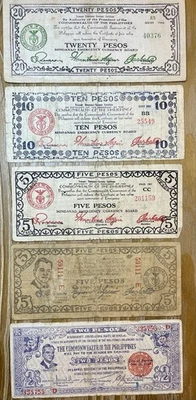 Philippine WWII Gueriilla Pesos Set Of 5: 20, 10, 5, 5, 2 Pesos Notes - Image 1 of 4