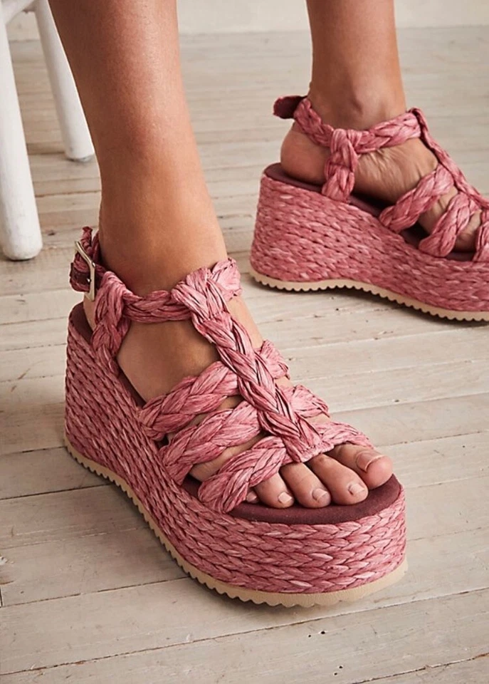 Sandalia Plataforma Free People Rafia Rendevous Rosa Tejido Trenzado Hebilla 41/11 NUEVA Foto 1 de 4