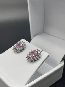White Gold Finish Pink Tourmaline Oval Cut Created Diamond Stud Earrings - Picture 1 of 6