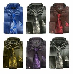 Neu Herren gestreift modisches Kleid Shirt mit Krawatte & Taschentuch französische Manschettenknöpfe 6 Farben