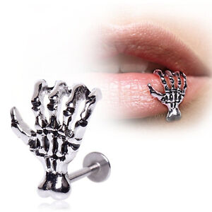 Unique 16G Skull Hand Lip Piercing Jewelry Punk Labret Piercing Tunnel Piercing
