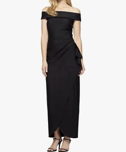 ALEX EVENINGS Women’s Long Stretch  Off The Shoulder Dress With Cadcade Ruffle - Picture 1 of 3