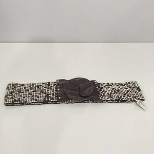 Womens Brown And Cream Fully Beaded Stretch Wooden Clasp Waist Belt One Size NEW - Picture 1 of 3