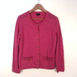 TALBOTS Womens Pure Merino Wool L Hot Pink Cardigan Sweater Pockets Small Flaws - Picture 1 of 9