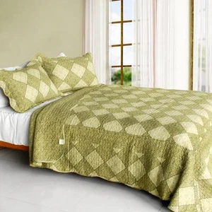 3 PC Natural Grace Olive floral diamond country 100% Cotton Queen Quilt Shams - Picture 1 of 1