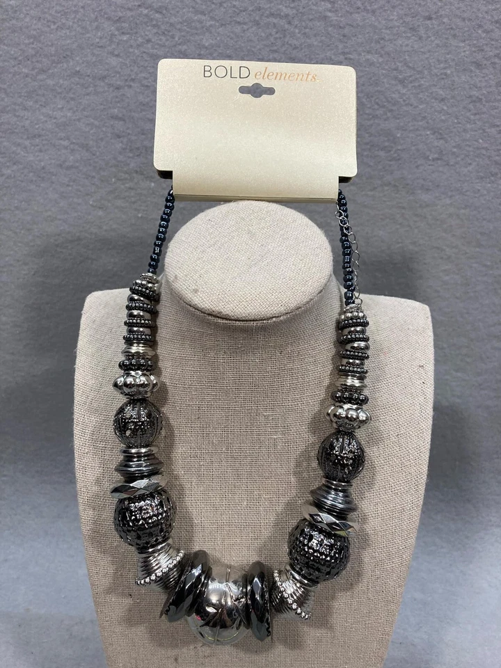 Bold ELEMENTS Silvertone Large Chunky Beads Statement Necklace 16”