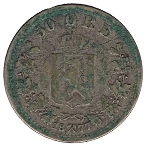 1877 Norway Oscar II Silver 50 Ore Coin - Picture 1 of 2