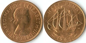 United Kingdom 1966 1/2 Half Penny KM#896 Bronze Queen Elizabeth II Barque Ship - Picture 1 of 3