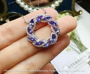 Lab Created Tanzanite 2.40Ct Marquise Round Pendant 14K White Gold Silver Plated - Picture 1 of 5