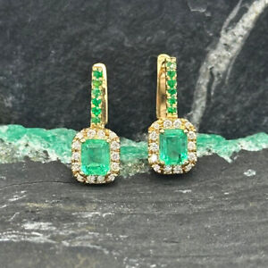 Natural Colombian Emerald & Diamond Earrings 18k Yellow Gold