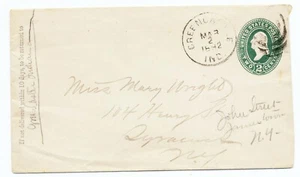 US 1892 Postal Stationery Envelope #U311 Greencastle, Indiana to Syracuse NY Q - Bild 1 von 2