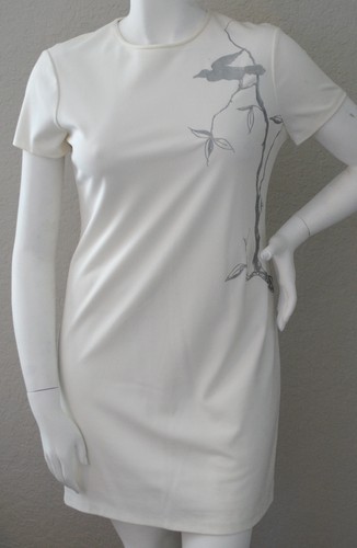 Abito Cynthia Rowley Modern Silver Bird Off White Elasticizzato Taglia 12 Nuovo!