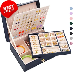 Women’s Jewelry Box Earrings Necklaces Rings Stud Organizer Navy Blue - Picture 1 of 12