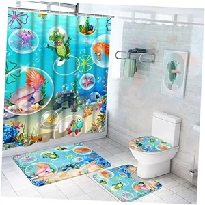 4 Pcs Kids Ocean Shower Curtain Set with Non-Slip Rug, Toilet Lid Cover and - Picture 1 of 8