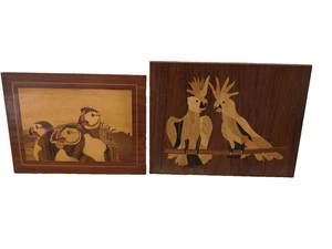 Wooden Inlay Puffin & Parrot Wall Art x 2 45/35-40/30cm E10 Y488 - Picture 1 of 8