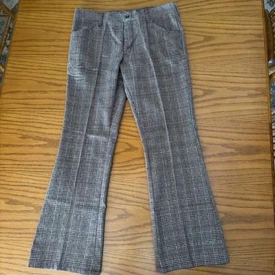 Vtg 60s 70s Mens Pants 34 30 Disco Bell Bottom Flare Leg Polyester MCM Mod Plaid - Image 1 of 4