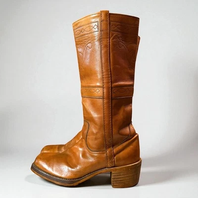 Vintage 70s Frye Campus Boots Womens Orange Leather Stitched High Shaft Sz 11D - Image 1 of 4