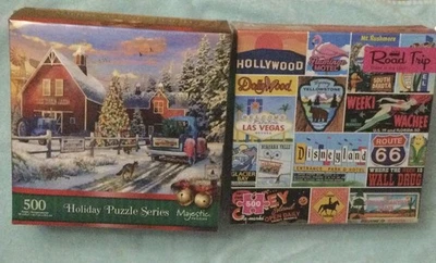 Set Of Two 500 Pc Puzzle: Holiday Series, and Road Trip Puzzles.  New Unopened - Image 1 of 2