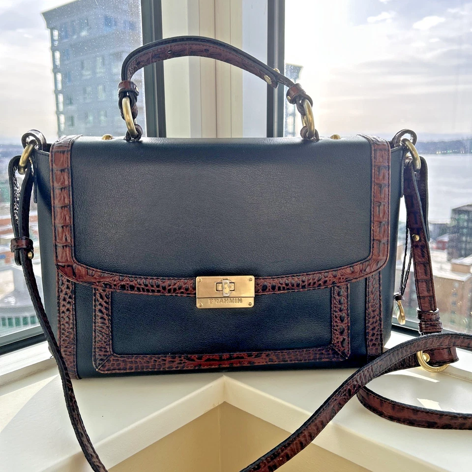 Brahmin Purse Oxford Flap Black Tri-Color Tuscan Satchel Black Tuscan Crossbody - Image 1 of 4