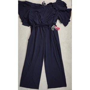 Adrianna Papell Womens Blue Long Crepe Jumpsuit Ruffle Sleeves Size 24W - Picture 1 of 15