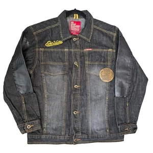 ECKO 1972 Unlimited Denim Jean Jacket Mens Large Black Leather Logo Embroidered  - Picture 1 of 15