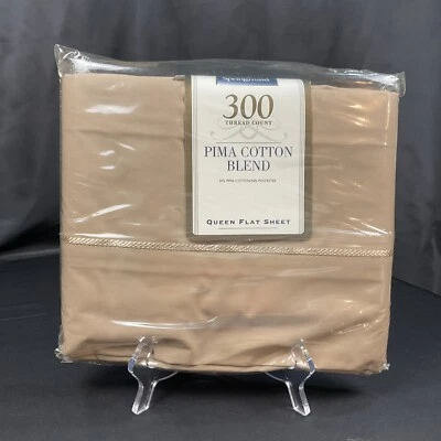Lençol plano Springmaid Queen 300 unidades mistura de algodão pima amêndoa 90 x 102” novo na caixa EUA - Imagem 1 de 4