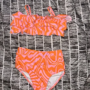 Cotton On Kids Bikini 2 Piece Swimsuit Size 7 Orange Pink Tie Dye - Picture 1 of 4