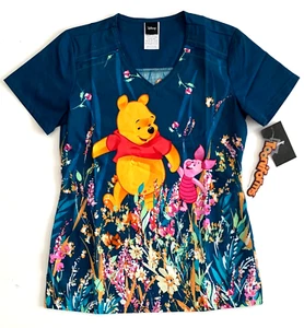 Disney Winnie the Pooh & Piglet Cherokee Tooniforms Floral V Neck Scrubs Top XXS - Picture 1 of 6