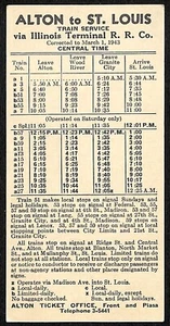 Illinois Terminal Railroad Co. 3/1 1943 Train Schedule Card Alton St. Louis VGC - Picture 1 of 2