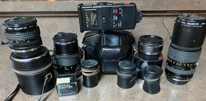 Olympus OM10 SLR Camera 5 Lens Thyristor Strobe Manual Adapter Case Great Cond. - Picture 1 of 19