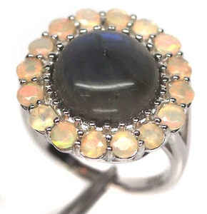 12 Mm. Gray-Rainbow Labradolite & Weißer Opal Silberring 925 Sterling - Bild 1 von 5