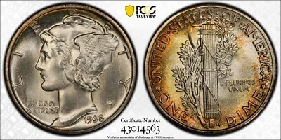 Moneda de diez centavos Mercury 1938 P graduación profesional MS64! ~LQQK!~ Foto 1 de 4