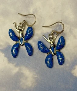 Navajo BUTTERFLY Sterling Silver DENIM LAPIS Stone Inlay Dangling 925 Earrings - Picture 1 of 2