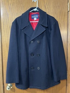 Vintage Land’s End Wool Red Lined Navy Blue Peacoat Men’s Large Sz 42 VGC - Picture 1 of 8