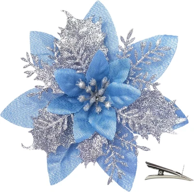 20 Pezzi Fiori Di Natale Artificiali Con Clip, Fiori Poinsettia Glitter per Albe - Immagine 1 di 4