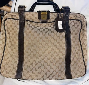 VINTAGE GUCCI GG BEIGE TAN CANVAS LEATHER TRAVEL BAG TRUNK BOSTON SUITCASE - Picture 1 of 20