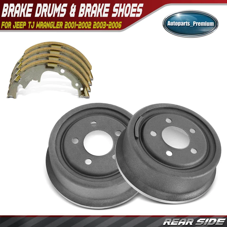 Rear Left and Right Brake Drums + Ceramic Brake Shoes for Jeep TJ Wrangler 01-06 - Image 1 of 4