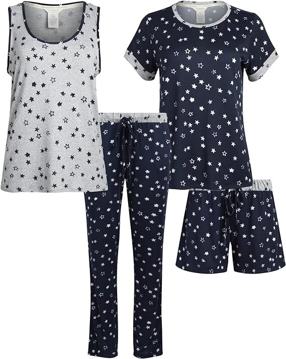Conjunto de pijama de 4 piezas para mujer Lucky Brand gris estrellas azul marino pequeño S Foto 1 de 1