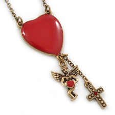 Vintage Inspired Red Enamel Heart, Angel, Cross Charm Necklace In Antique Gold