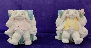 Dept 56 Taper Candle Holders (2) Pair Bunny Rabbit Resin Tulip Flowers Pastels - Picture 1 of 7