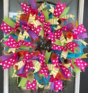 Cheerful Summer Pink Polka Dot Deco Mesh Wreath Home Decor Pool Party Decoration - Picture 1 of 6