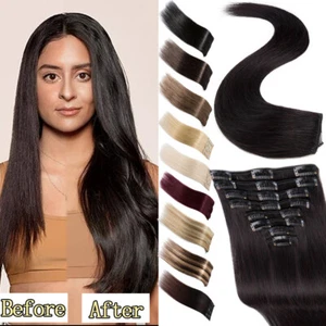 8Pieces 100% Natural Remy Seamless Clip in Human Hair Extensions Full Head Weft - Picture 1 of 44