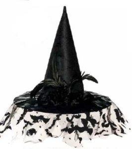 Classic Black Witch Hat with Veil Bat Detail Halloween Feathers Roses - Picture 1 of 2