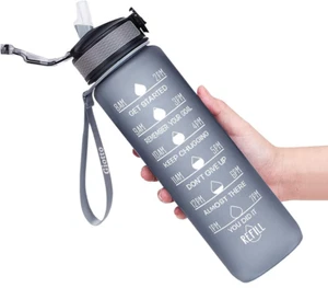 32oz Drinking Water Bottle Hydration Tracker Leakproof Straw Wide Mouth Gray - Picture 1 of 5
