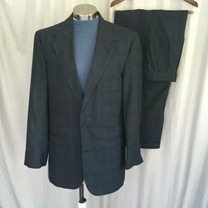 Blue black glen plaid suit, two-button, 40L 35W, pleated front pants, - Picture 1 of 12