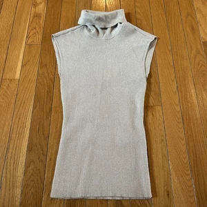 White House Black Market Cap Sleeve Turtleneck Beige Metallic Ribbed Top Size S - Picture 1 of 6