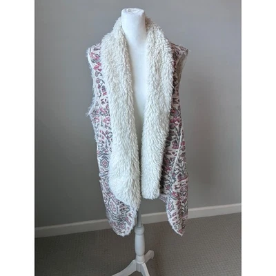 Hei Hei Anthropologie Cream Bohemian Floral Vest Faux Fur Collar Sleeveless L - Image 1 of 4