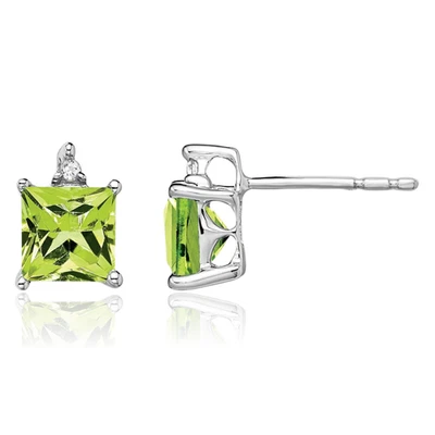 14K Solid White Gold Princess-Cut Peridot Diamond Studs Earrings - Image 1 of 4