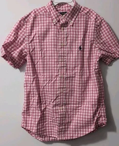 Polo Ralph Lauren M 10/12 Boys Pink Plaid Checkered Button Up Shirt Short Sleeve - Picture 1 of 3