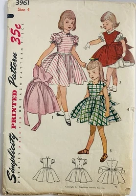 Vintage 1952 Childs One-Piece Dress & Apron Size 4 Simplicity Pattern 3961 UNCUT - Image 1 of 2